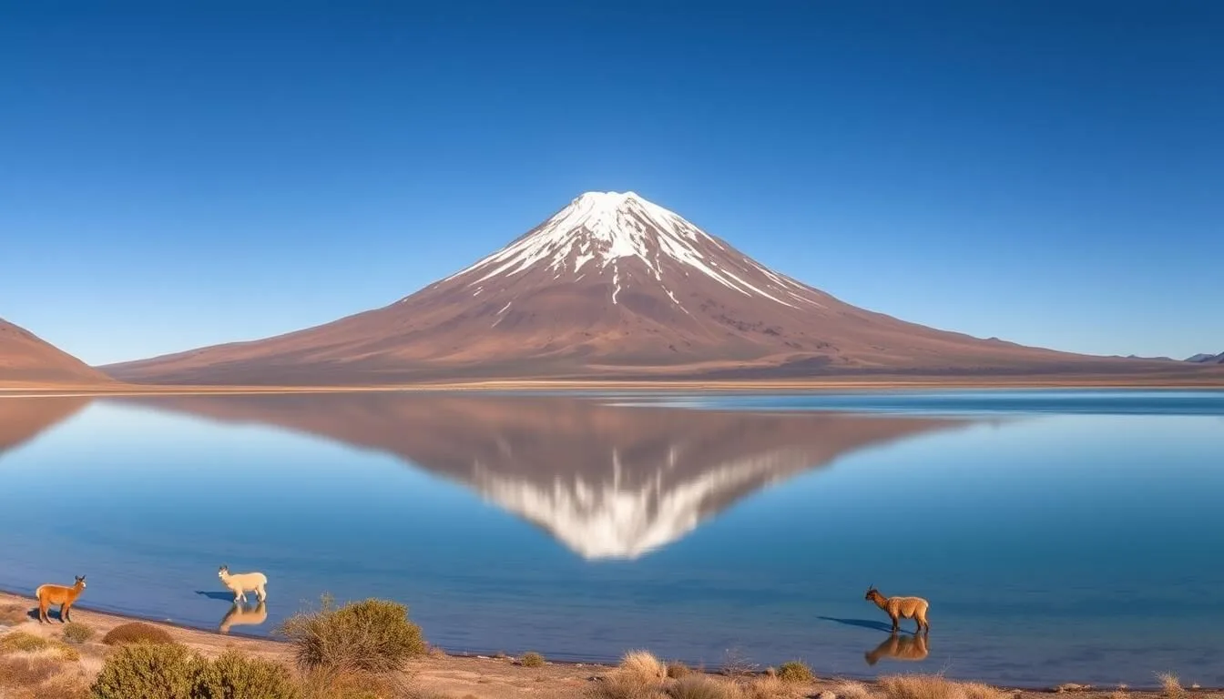 Panoramic view of Lauca National Park with Parinacota Volcano reflected in Lake Chungará