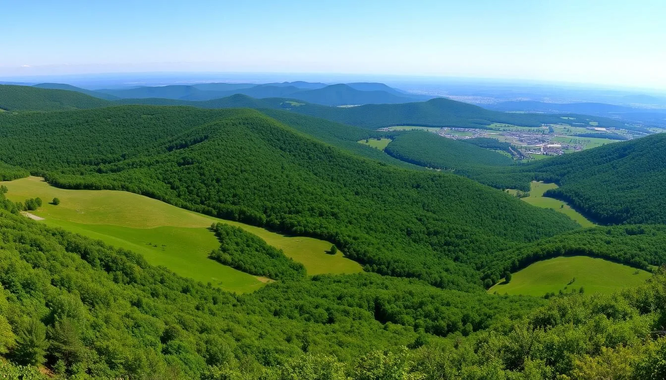 Panoramic view of Lewis County, New York landscape with rolling hills, forests and farmland on a sunny day