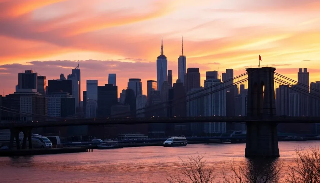 Panoramic view of Manhattan skyline at sunset with Brooklyn Bridge in foreground - capturing the essence of the best things to do in New York City Panoramic view of Manhattan skyline at sunset with Brooklyn Bridge in foreground - capturing the essence of the best things to do in New York City