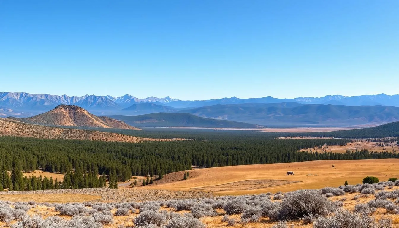 Panoramic view of Modoc County's diverse landscape showing mountains, forests and open plains on a clear day