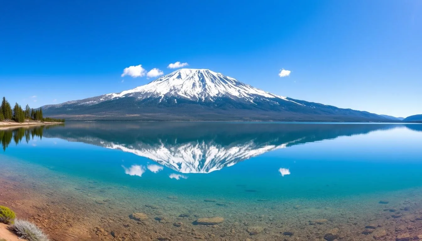 Panoramic view of Mount Shasta with snow-capped peak reflecting in Lake Siskiyou, Siskiyou County California best things to do