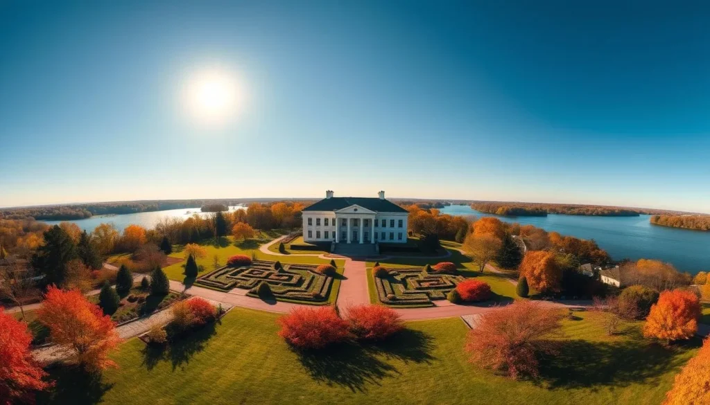 Panoramic view of Mount Vernon estate showing the mansion, gardens, and Potomac River on a perfect fall day