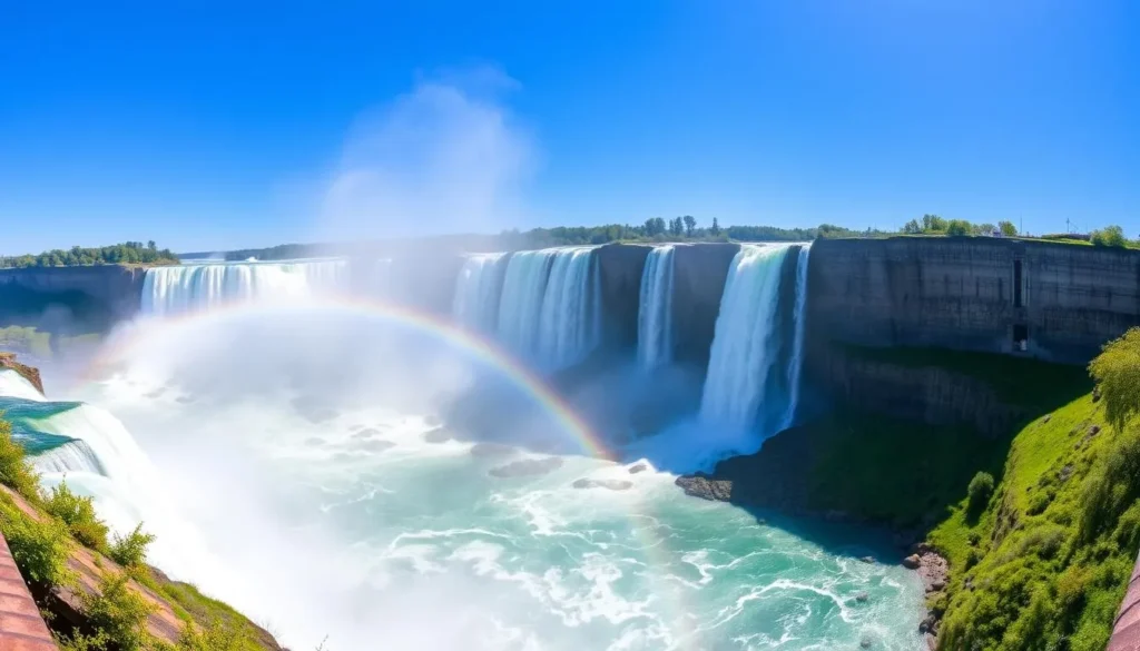 Panoramic view of Niagara Falls with rainbow forming over the American Falls on a sunny day Panoramic view of Niagara Falls with rainbow forming over the American Falls on a sunny day