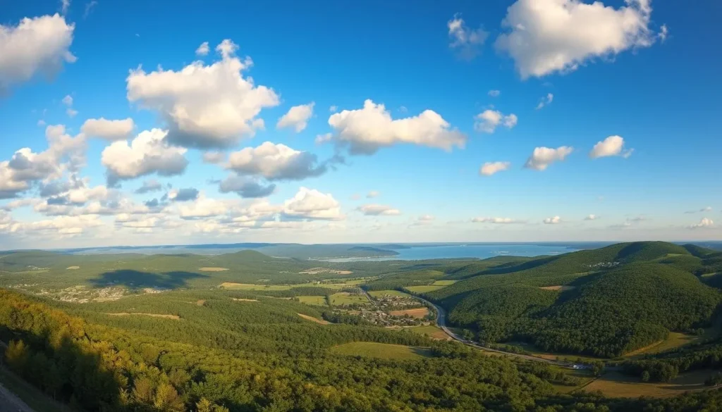 Panoramic view of Otsego County countryside with rolling hills, farms, and Otsego Lake in the distance Panoramic view of Otsego County countryside with rolling hills, farms, and Otsego Lake in the distance