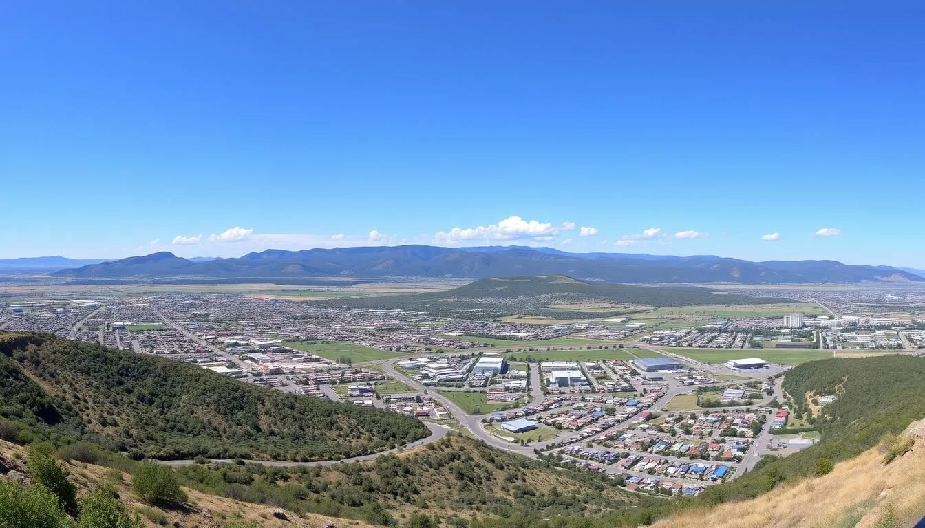 Panoramic view of Rapid City with the Black Hills in the background on a clear sunny day, showcasing the region's beautiful weather patterns