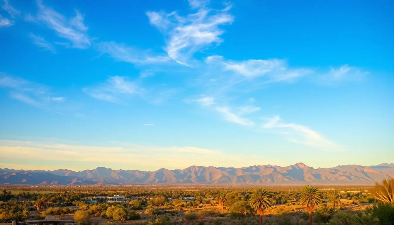 Panoramic view of Riverside County California landscape showing mountains, palm trees, and desert scenery
