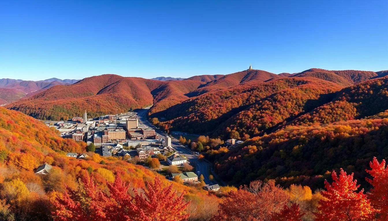 Panoramic view of Roanoke Valley with the iconic Mill Mountain Star overlooking the city during fall season