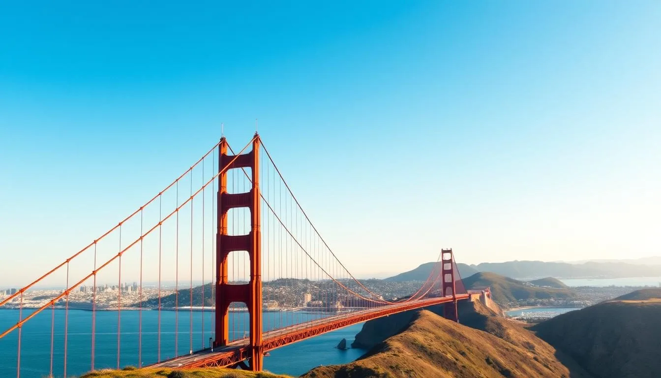 Panoramic view of San Francisco County with the Golden Gate Bridge and city skyline on a clear day