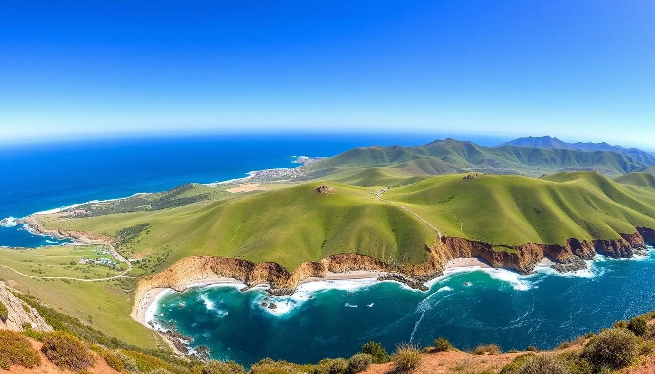 Panoramic view of San Luis Obispo County coastline with rolling hills and Pacific Ocean