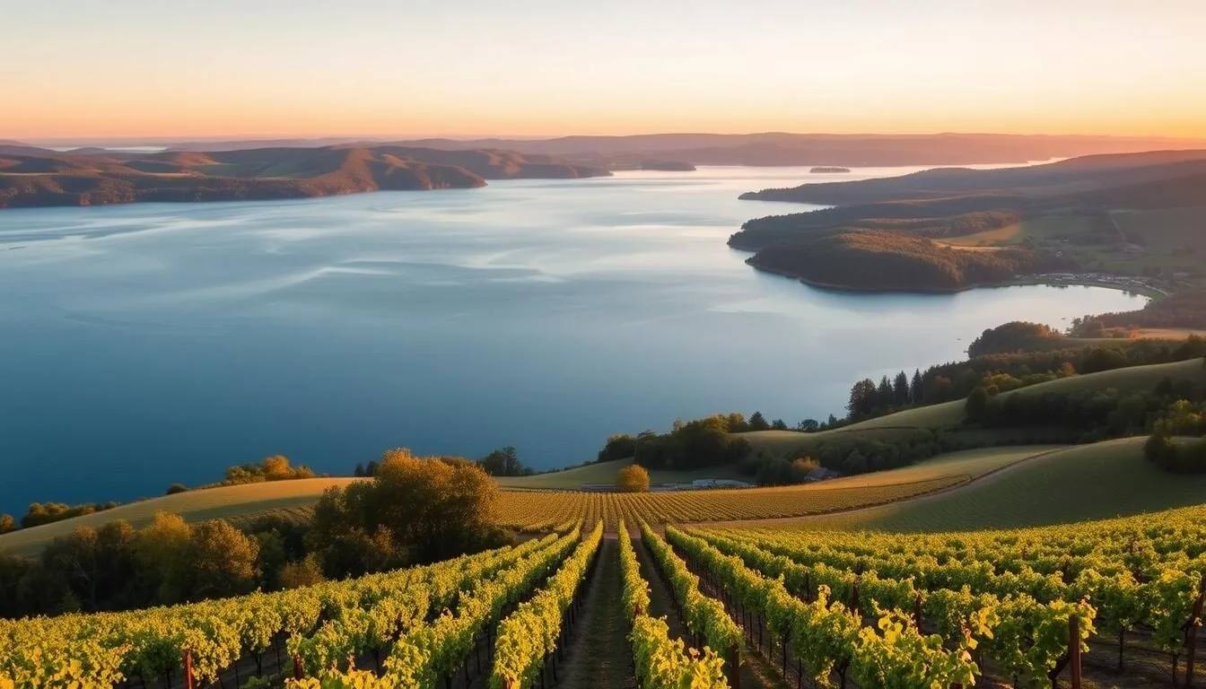 Panoramic view of Seneca Lake with vineyards and rolling hills in Seneca County, New York