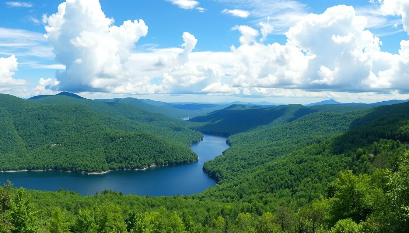 Panoramic view of Sullivan County New York landscape with mountains, forests and a lake on a sunny day