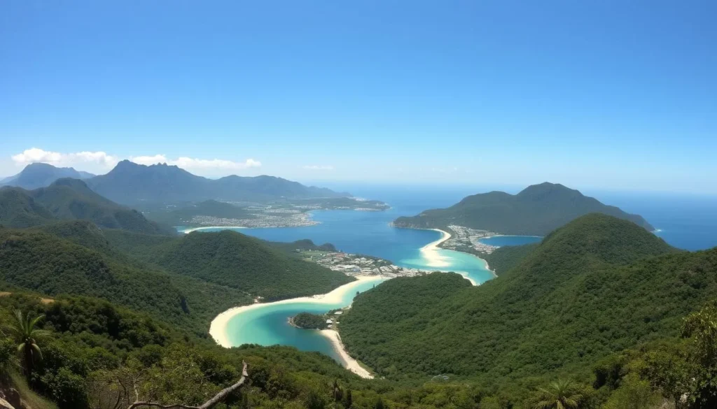 Panoramic view of Tayrona National Park showing the meeting of mountains, jungle, and Caribbean Sea Panoramic view of Tayrona National Park showing the meeting of mountains, jungle, and Caribbean Sea