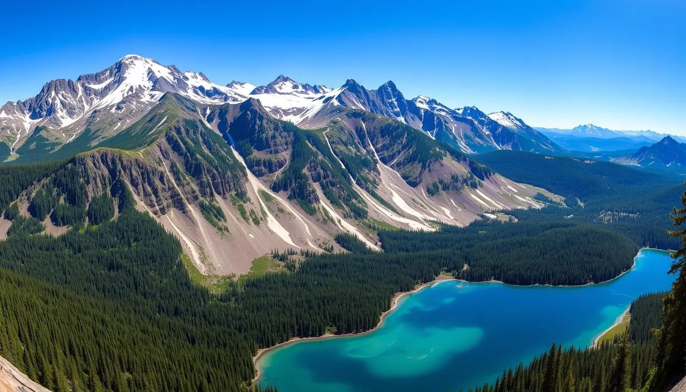 Panoramic view of Trinity Alps Wilderness with snow-capped peaks and alpine lakes in Trinity County California