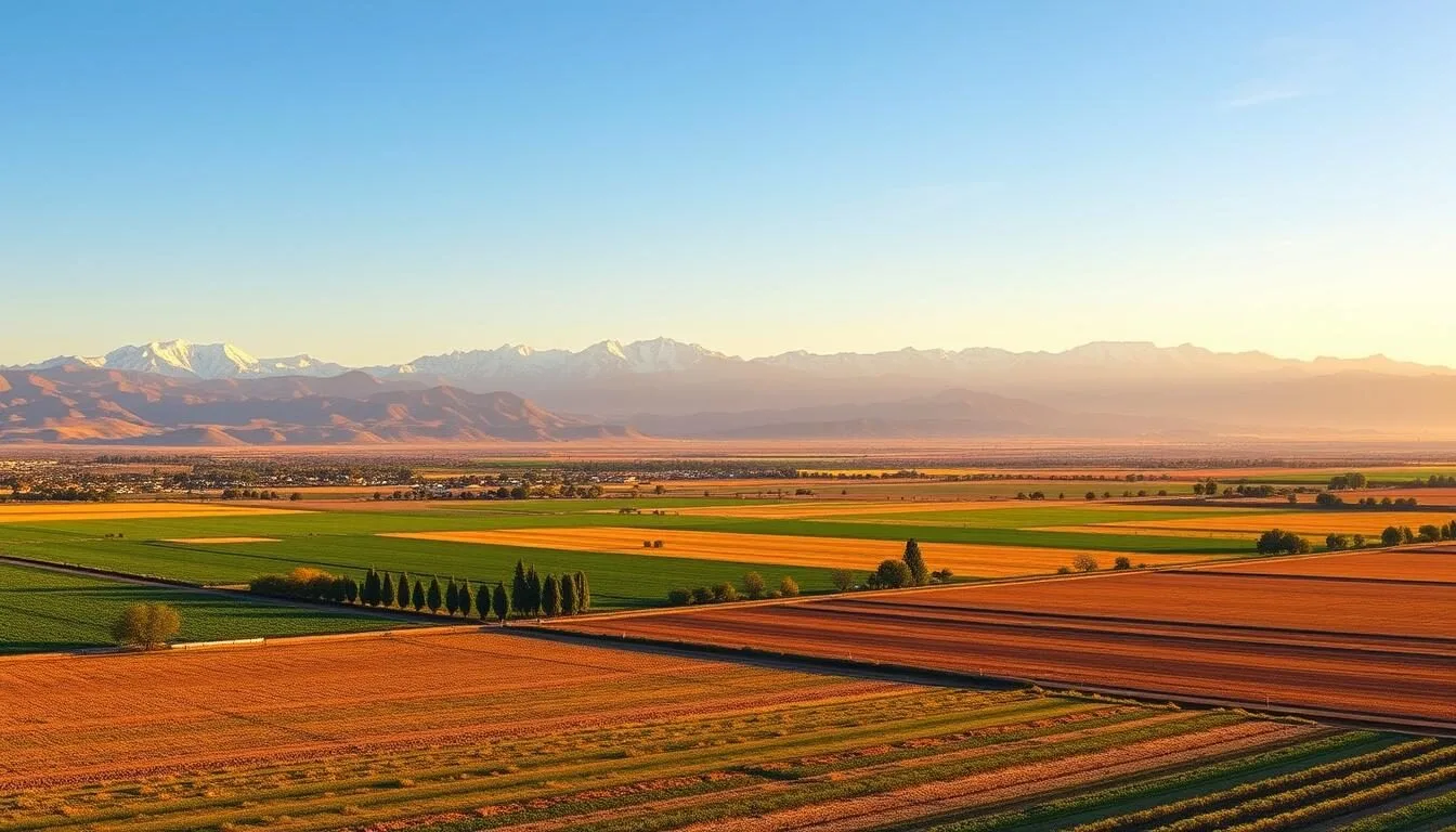Panoramic view of Tulare County California landscape with mountains in the background and agricultural fields in the foreground