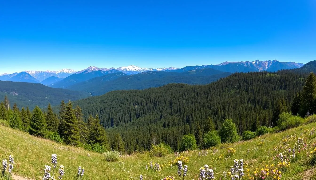 Panoramic view of Tuolumne County's stunning landscape with mountains, forests and meadows on a sunny day