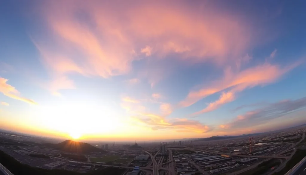 Panoramic view of Ulsan Industrial Complex from Ulsan Bridge Observatory at sunset.