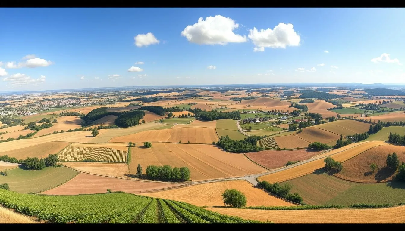 Panoramic view of Yolo County California countryside with rolling hills, vineyards, and farmland under blue skies