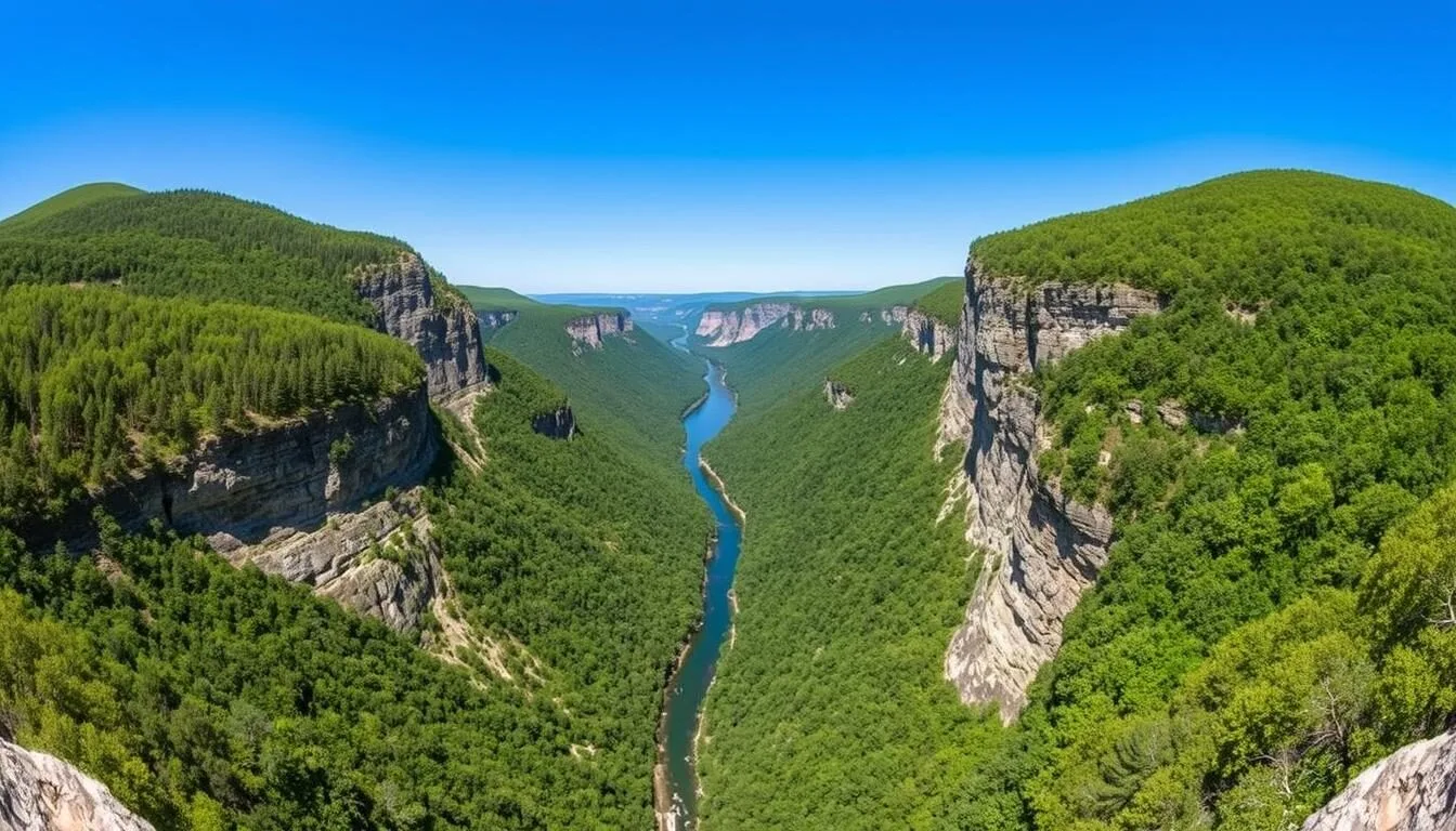 Panoramic view of the Delaware Water Gap with the Delaware River flowing between Mount Tammany and Mount Minsi in Pennsylvania