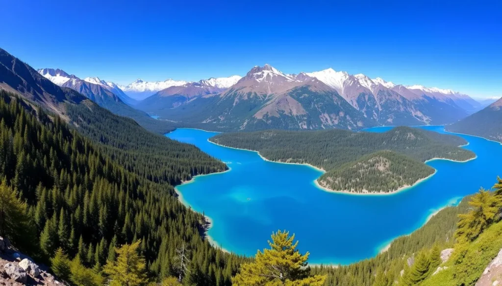 Panoramic view of the Seven Lakes Route showing multiple lakes and mountains