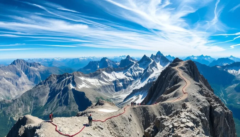 Panoramic vista of the majestic Lyskamm ridge in the Swiss Alps, under a clear blue sky with wispy clouds. Rugged, snow-capped peaks stretch out in the distance, their jagged silhouettes casting dramatic shadows across the steep, rocky terrain. In the foreground, a winding mountaineering trail snakes through the craggy landscape, dotted with hikers navigating the exposed, technical sections. The scene conveys the grandeur and challenge of this legendary alpine traverse, a true test of a mountaineer's skill and endurance.