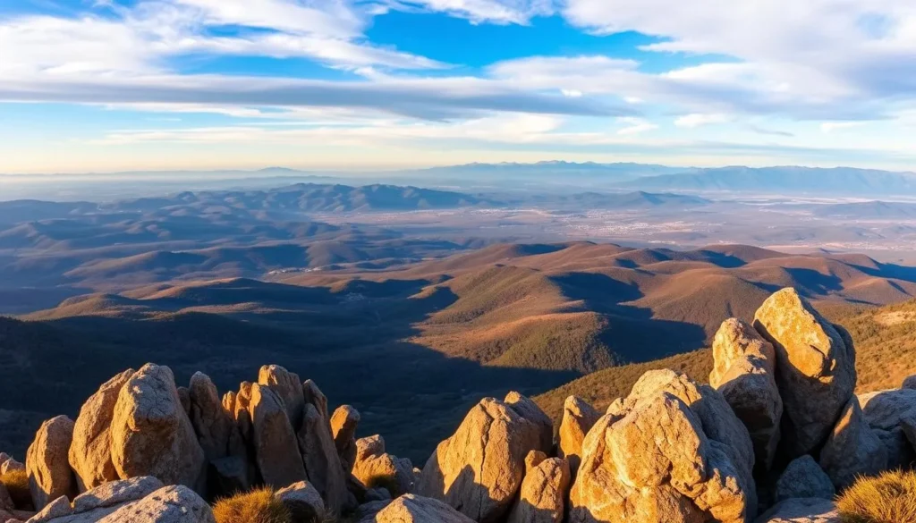 Panoramic vistas from the summit of Cerro Noroeste, a majestic peak in the rugged California mountains. Capture the dramatic landscape unfolding below - rolling hills, sprawling forests, and distant peaks bathed in warm, golden light. Render the scene with a wide-angle lens to showcase the full grandeur, framing the scene with craggy rock formations in the foreground. Imbue the image with a sense of tranquility and wonder, inviting the viewer to be transported to this elevated viewpoint high above the valleys.