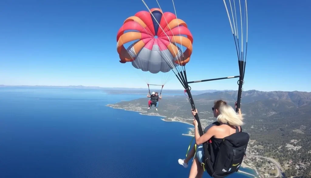 Parasailing over Lake Tahoe, with breathtaking views of the Sierra Nevada mountains