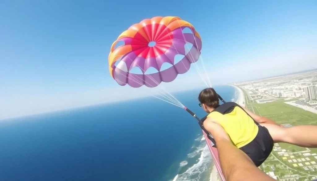 Parasailing over Ocean City Delaware waters with beach view Parasailing over Ocean City Delaware waters with beach view