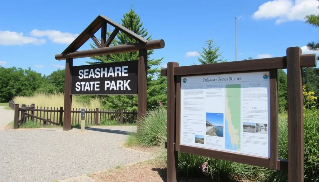 Park entrance sign and information board at Delaware Seashore State Park Park entrance sign and information board at Delaware Seashore State Park