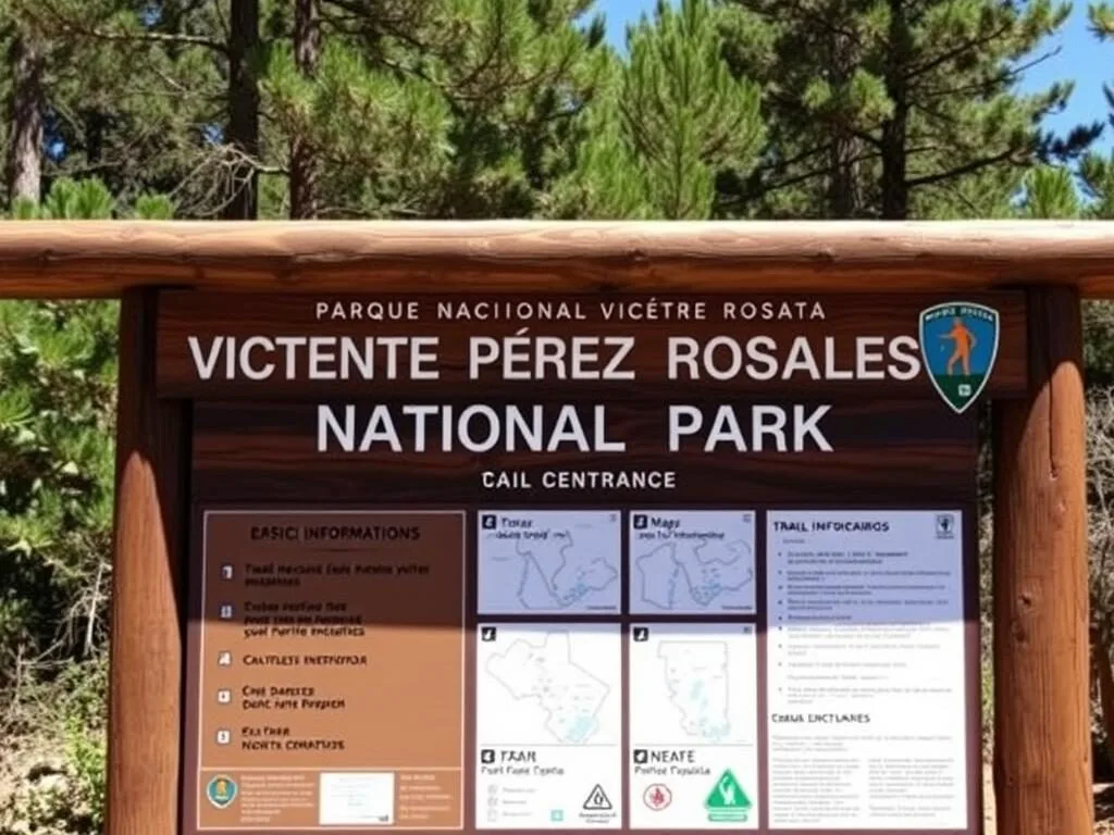 Park entrance sign for Vicente Pérez Rosales National Park with trail information Park entrance sign for Vicente Pérez Rosales National Park with trail information