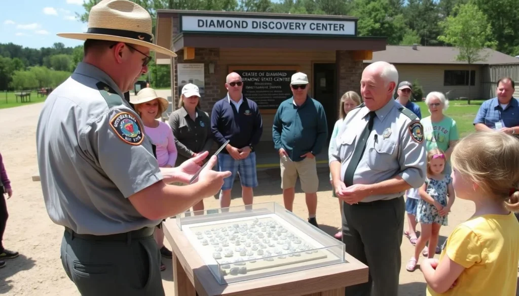 Park ranger giving diamond mining demonstration to visitors at Crater of Diamonds State Park Park ranger giving diamond mining demonstration to visitors at Crater of Diamonds State Park
