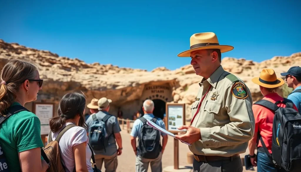 Park ranger providing safety information to visitors at the entrance to Carlsbad Caverns Park ranger providing safety information to visitors at the entrance to Carlsbad Caverns
