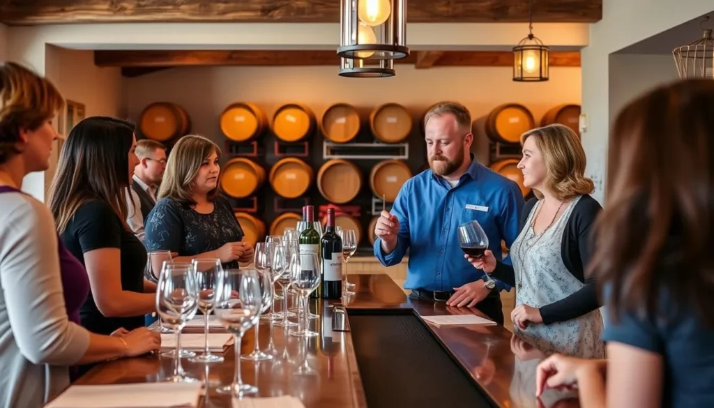 Paso Robles winery tasting room with staff explaining wines to visitors Paso Robles winery tasting room with staff explaining wines to visitors