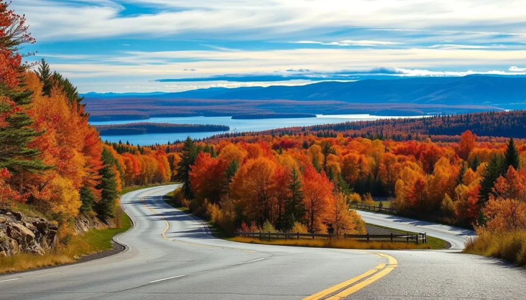Paul Bunyan Scenic Byway road with fall colors and lake views Paul Bunyan Scenic Byway road with fall colors and lake views