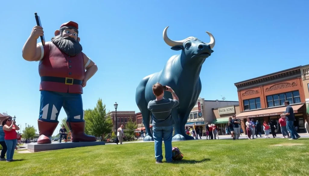 Paul Bunyan and Babe the Blue Ox statues under clear blue sky in downtown Bemidji Paul Bunyan and Babe the Blue Ox statues under clear blue sky in downtown Bemidji