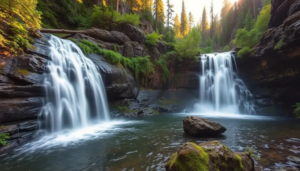 Paulina Falls, a captivating cascade nestled amidst the volcanic landscape of Newberry National Volcanic Monument, Oregon. Capture the serene flow of water cascading over the dark, rugged basalt cliffs, casting a gentle mist into the air. Showcase the lush, verdant foliage surrounding the falls, creating a picturesque and peaceful scene. Bathe the entire composition in warm, golden sunlight, illuminating the natural beauty and inviting the viewer to immerse themselves in the tranquility of this stunning natural wonder. Utilize a wide-angle lens to encompass the full grandeur of the falls, while maintaining a sharp focus throughout the image.