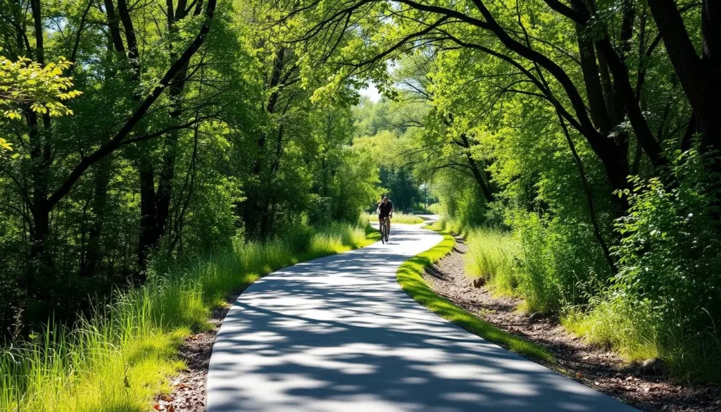 Paved Shunga Trail in Topeka winding through green trees and alongside a creek Paved Shunga Trail in Topeka winding through green trees and alongside a creek
