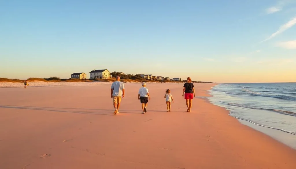 Pawleys Island beach during golden hour with families enjoying the shoreline