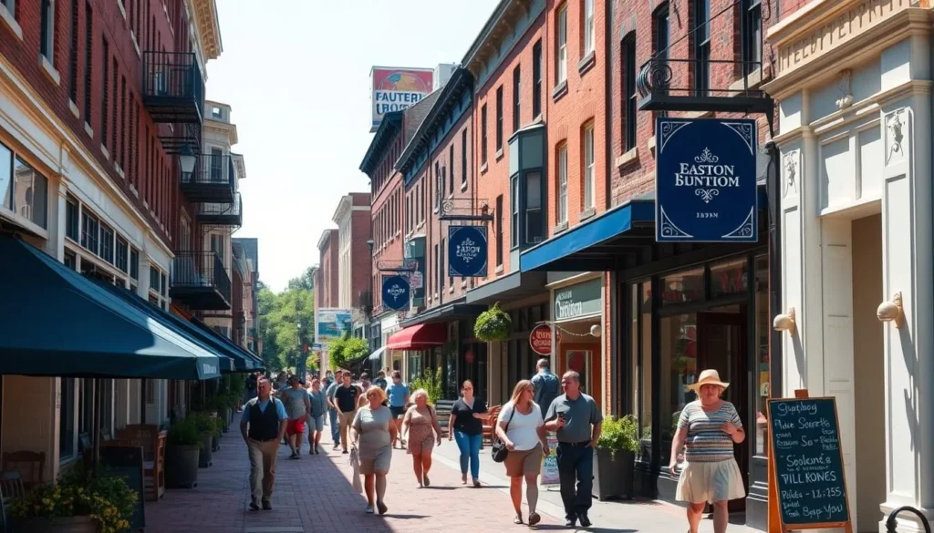 Pedestrians walking through Easton's walkable downtown district on a sunny day Pedestrians walking through Easton's walkable downtown district on a sunny day