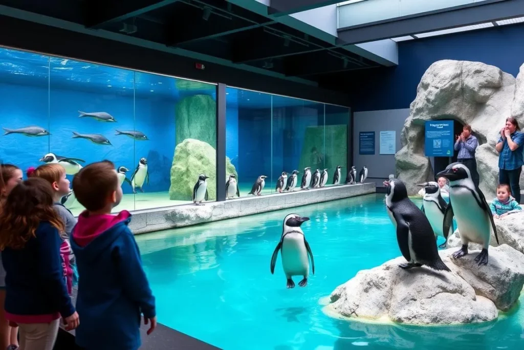 Penguin exhibit at the Aquarium of Niagara with Humboldt penguins swimming Penguin exhibit at the Aquarium of Niagara with Humboldt penguins swimming