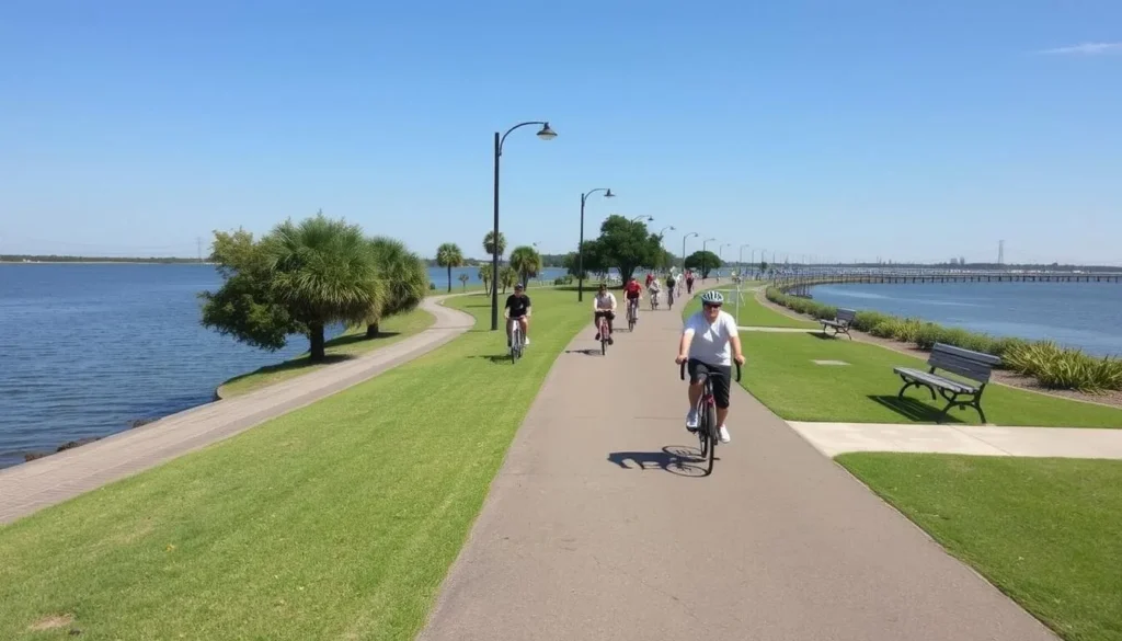 People biking and walking along the Lakeshore Drive path beside Lake Pontchartrain People biking and walking along the Lakeshore Drive path beside Lake Pontchartrain