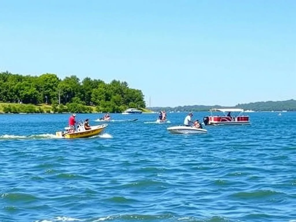 People boating and fishing on Chautauqua Lake with lush green shoreline People boating and fishing on Chautauqua Lake with lush green shoreline