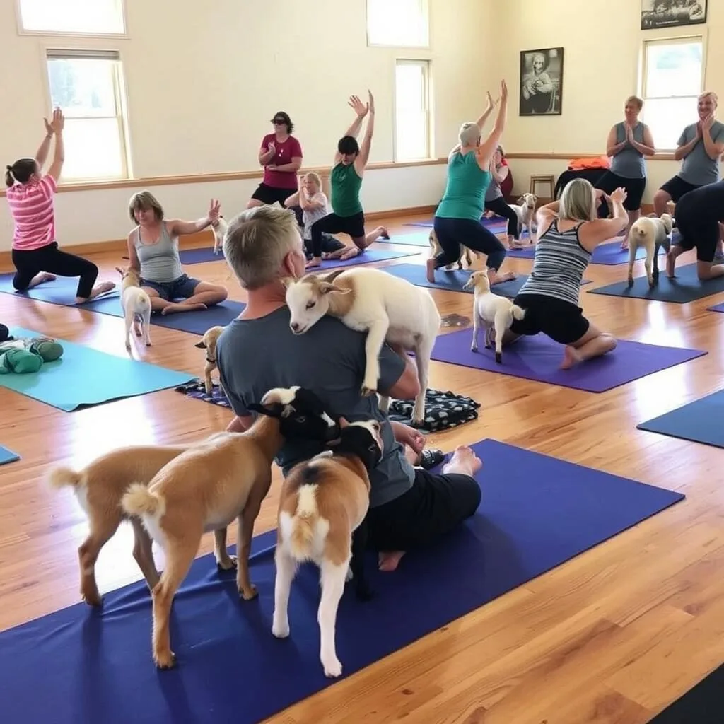 People doing yoga with goats at Galena Goat Yoga People doing yoga with goats at Galena Goat Yoga