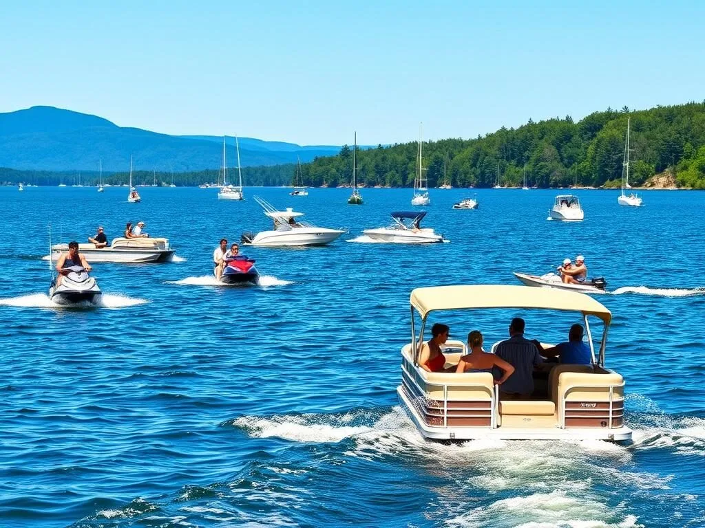 People enjoying boating activities on Great Sacandaga Lake in Fulton County, New York People enjoying boating activities on Great Sacandaga Lake in Fulton County, New York