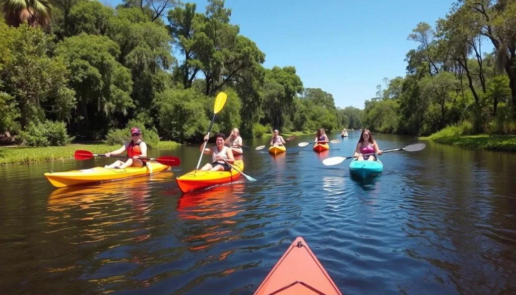 People enjoying kayaking on the Suwannee River on a beautiful spring day in Suwannee County, Florida