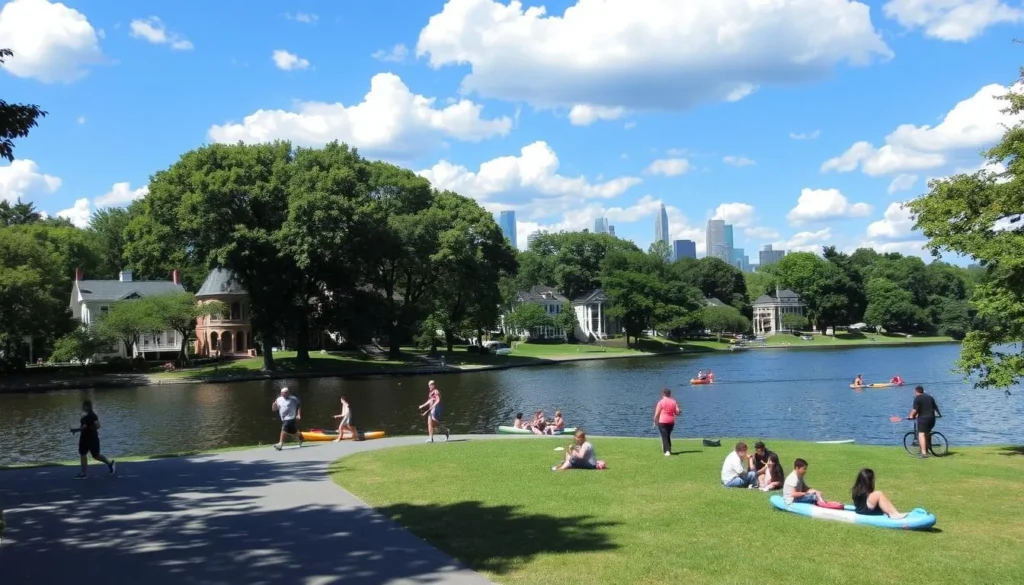 People enjoying outdoor activities at Lake of the Isles, representing the active lifestyle and natural beauty among the best things to do in Minneapolis, Minnesota People enjoying outdoor activities at Lake of the Isles, representing the active lifestyle and natural beauty among the best things to do in Minneapolis, Minnesota