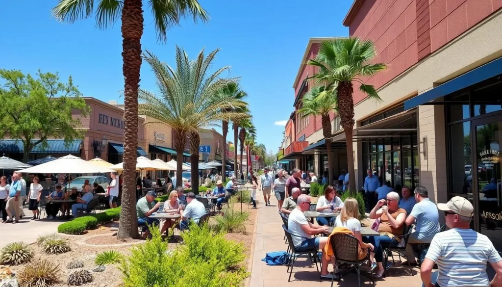 People enjoying outdoor dining in downtown Mesa during pleasant spring weather People enjoying outdoor dining in downtown Mesa during pleasant spring weather