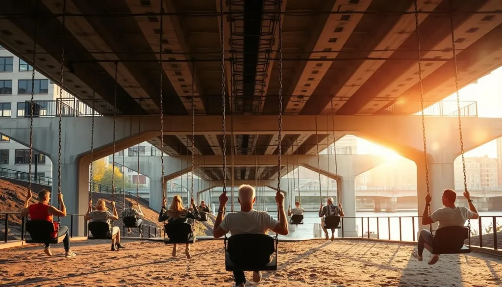 People enjoying swings at Milwaukee's hidden Swing Park under the Holton Street Bridge