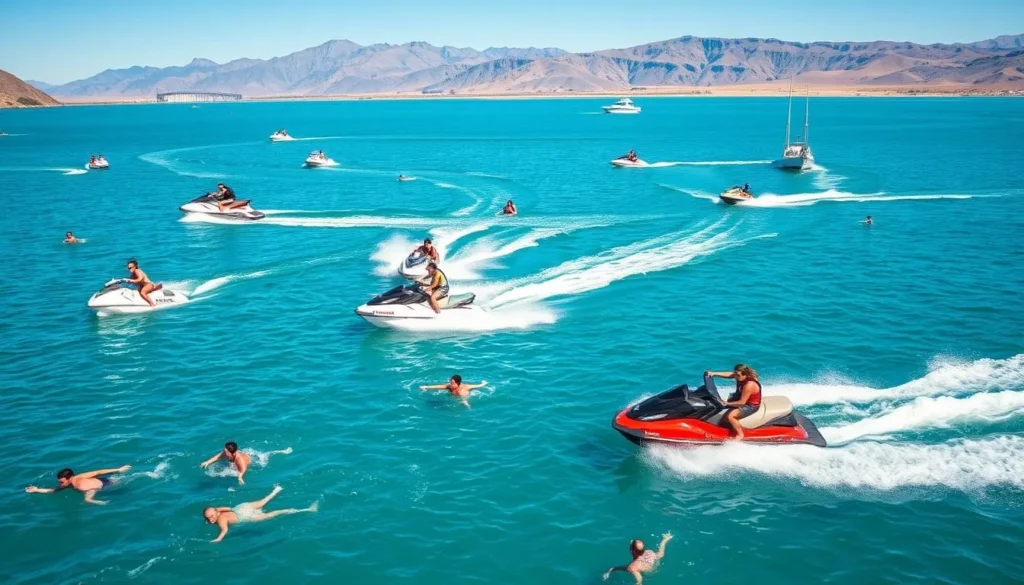 People enjoying water sports on Lake Havasu with jet skis and boats on the clear blue water