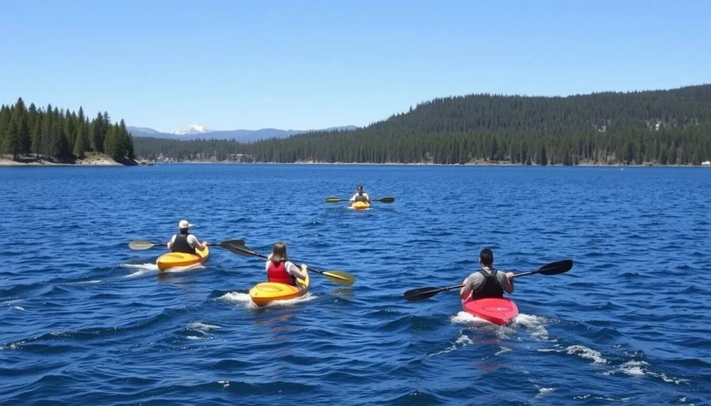 People kayaking on Collins Lake in Yuba County with mountains in the background