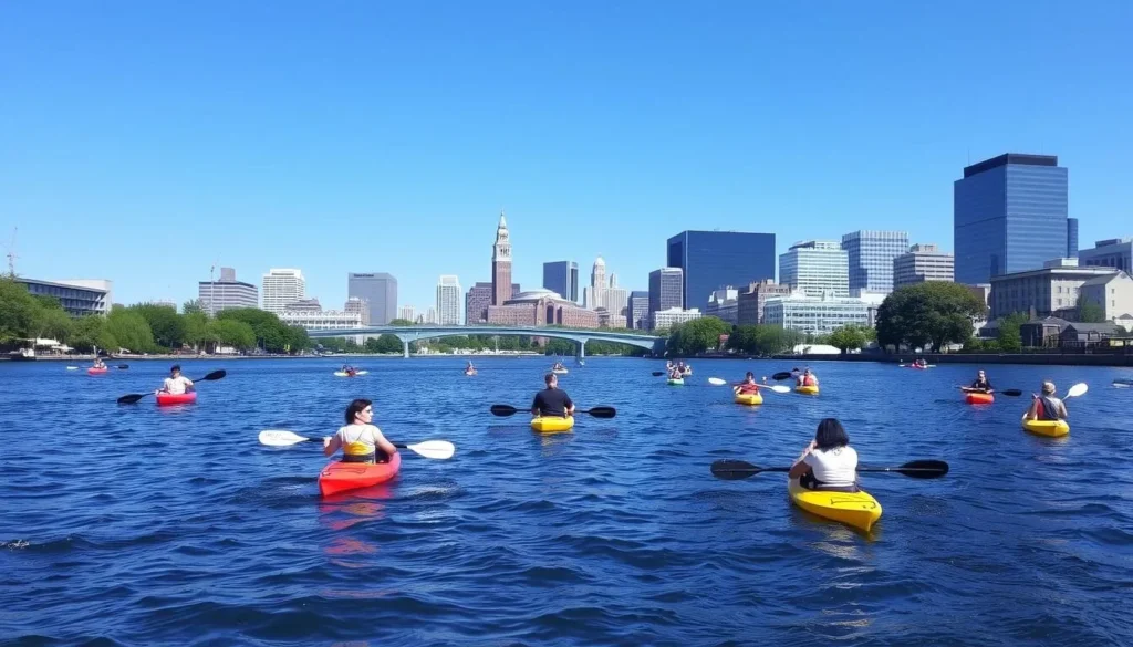 People kayaking on the Charles River with Cambridge and Boston skyline in the background People kayaking on the Charles River with Cambridge and Boston skyline in the background